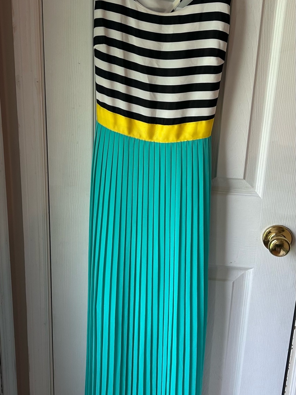 Pleated Turquoise and Black-White Stripe Maxi Dress with Yellow Waistband